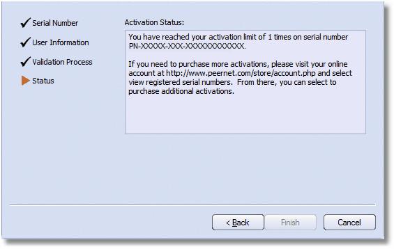 If an error occurred during activation it is displayed in the Activation Status field, such as the following error message that occurs if you have exceeded your license activations.