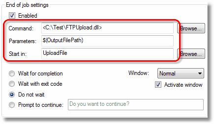 The following sample shows how you can configure the End of Job run command to call a function in a DLL. In this sample the DLL is named FTPUpload.