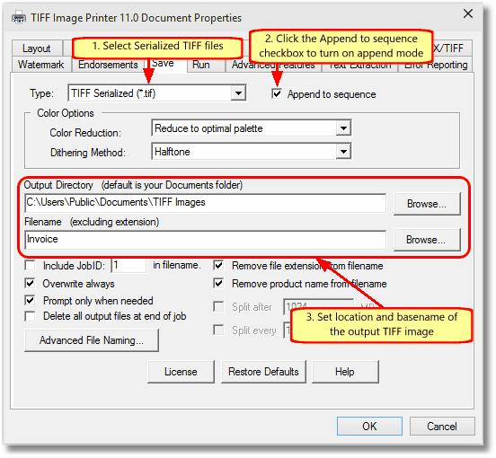 2. Click on the Save tab in the Printing Preferences dialog. In the Type: drop-down list of file formats select TIFF Serialized (*.tif) as the type of file to create.