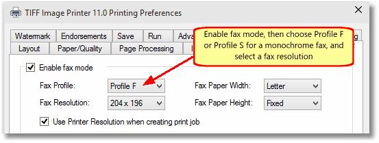 3. Select the FAX/TIFF tab in the Document Properties dialog to access the fax settings. Enable fax settings by checking the Enable fax mode check box.