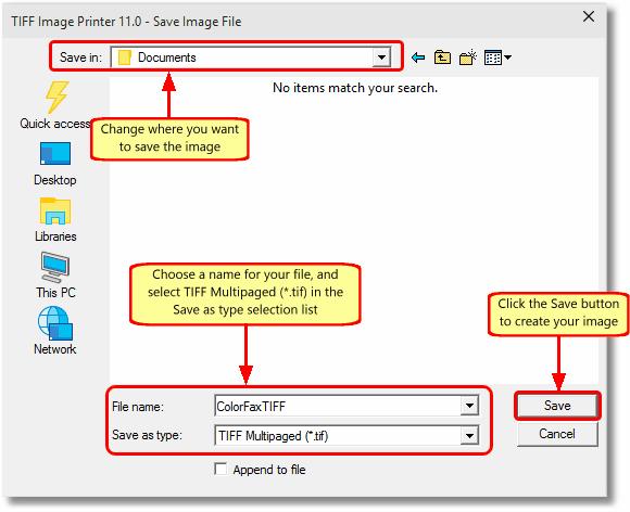 Use the Save in: field to choose a folder to store your TIFF image. Your Documents folder will be selected for you by default. In the File name: field, enter a name for your TIFF image.