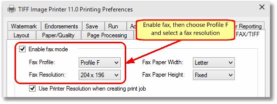 3. Click on the FAX/TIFF tab in the Document Properties dialog to access the fax settings. In the Fax Profile drop-down list, choose Profile F.