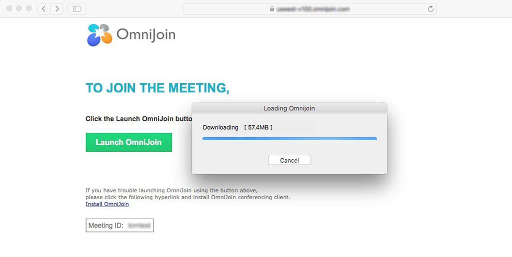 As the OmniJoin Loader downloads, the progress bar displays the level of completion. When OmniJoin Loader install is complete, your OmniJoin Meeting Room will open.