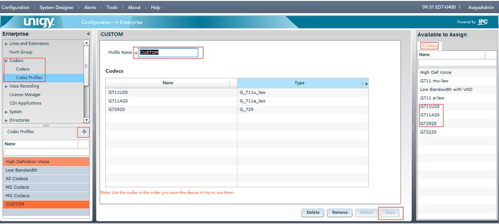 7.7. Administer Codecs Select Codecs Codecs in the left pane from Configuration Enterprise (not shown), and click the + icon in the lower left pane to add a new codec as shown below.