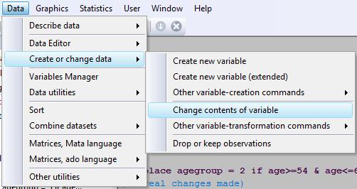 To modify an existing variable click on the DATA menu, then select CREATE OR CHANGE DATA, and CHANGE CONTENTS OF VARIABLE. Select the name of the new variable in the Variable Drop-down.