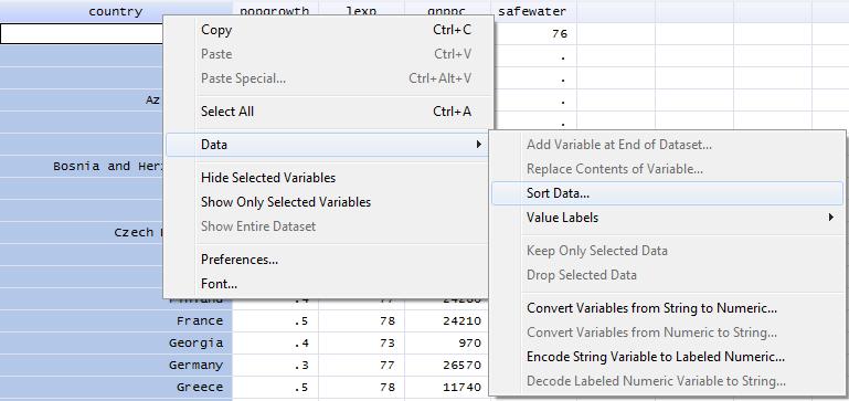 Sorting data To sort your data in the Data Editor simply right-click in the name of the variable (at the top of the column) that you wish to sort, then: 1. Select DATA 2. Select SORT DATA 3.