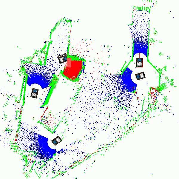 Fig. 2. 3D maps of the arena at RoboCup rescue 2005, Osaka. The scan points have been colored according to their semantic interpretation (blue: floor, red: ceiling, green: walls and other objects).