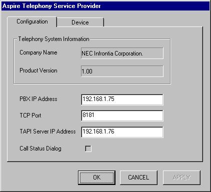 Section 4: Installing the TAPI Driver - 2003 Server Click on the Configure button to see the configuration of TAPI driver.