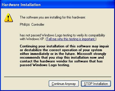 Note: During installation on Windows XP and 2000 the following digital signature message may appear.