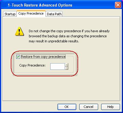 Page 100 of 186 3. In the Submit 1-Touch Recovery Request dialog box, click Select Recovery Options. 4. Click Advanced. 5. Click Copy Precedence. 6. Click Restore from copy precedence. 7.