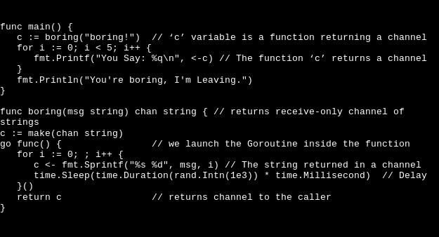 The boring function runs an infinite loop using an autonomous Go function to create a message and return the message in the specified