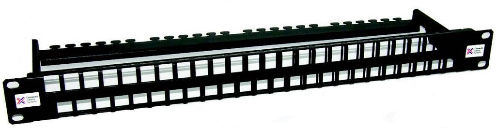 Unloaded UTP Keystone Patch Panel 24 and 48-way High Density Category 6 performance Suitable for Connectix Express assemblies Suitable for tool-less Keystone Modules Integrated cable management bar
