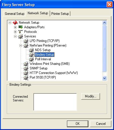 Bindery Setup From the Network Setup tab in local Setup, specify Bindery services. The currently connected servers are displayed.