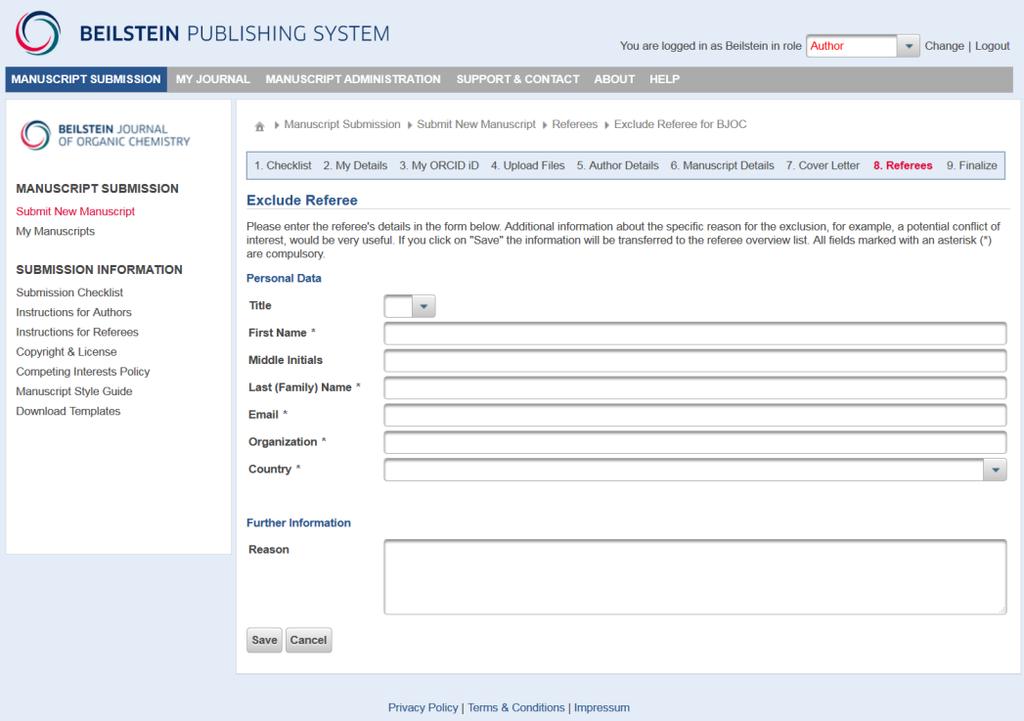 In the Exclude Referee screen you can add the details of a person who should be excluded from the peer review process.