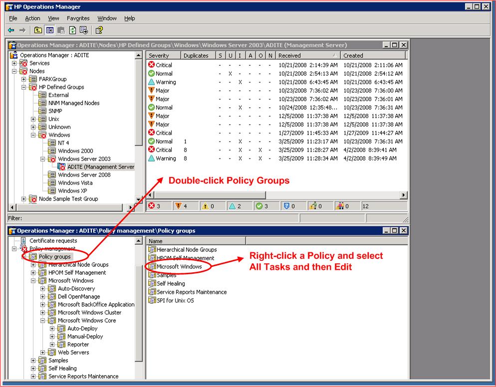11. Right-click the desired Policy, click All Tasks and then click Edit. Figure 6 - HP Operations Manager Console and Policy Manager (Operator Initiated) 12.