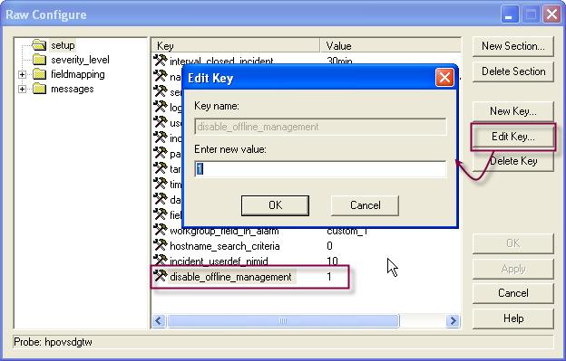 Advanced Configuration Settings Raw Configure window appears. From the left-hand frame, select setup node. Select the disable_offline_managment key and click Edit Key button. Edit Key dialog appears.