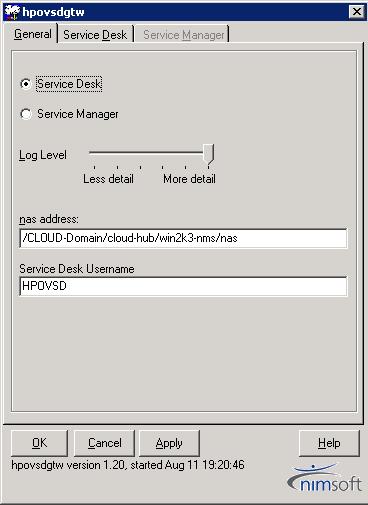 hpovsdgtw Configuration General tab The hpovsdgtw probe configuration is common for both Service Desk and Service Manager.