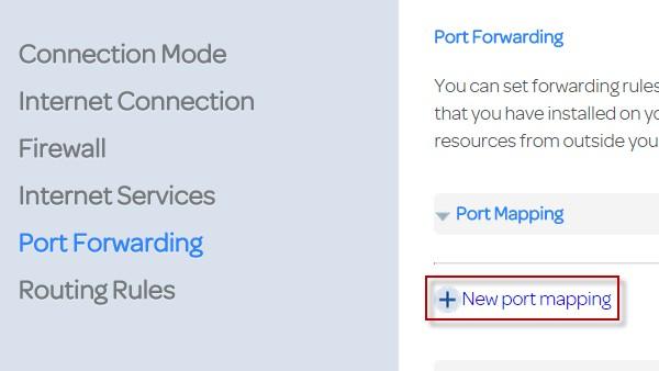 Applying port forwarding Once in the "Port Forwarding" configuration area, click "New port mapping":- The first thing to bear in mind is the mapping name.