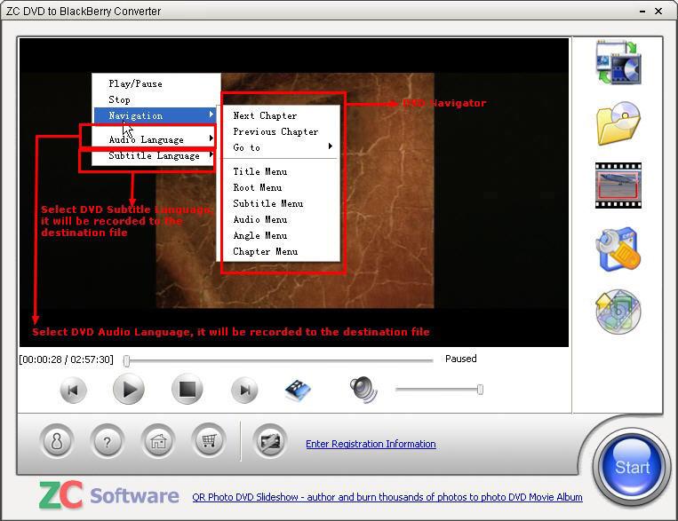 :Shows DVD Player seek bar, duration inforamtion, and paly status information : Go to previous chapter. : Play DVD movie.