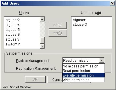 Figure: Add User dialog User names registered on the Storage Management Server are displayed. A user name registered with a management function is not displayed in the user name list dialog.