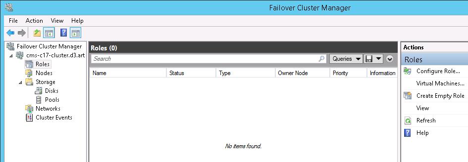 Figure 5 Failover Cluster Manager Services and applications 3. Right-click Roles, and then click Configure Role. The High Availability wizard starts. Follow the screen sequence to completion. a. In the Before You Begin: window, click Next.
