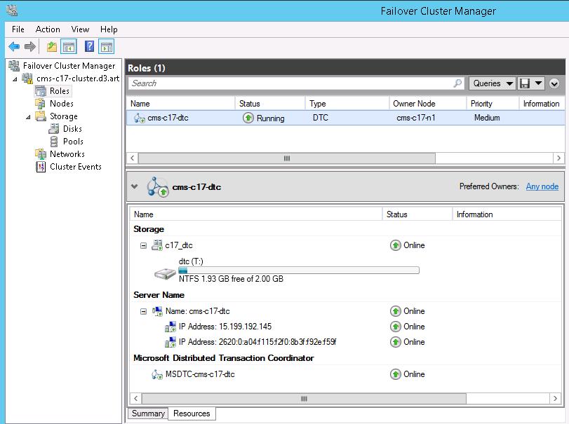 Figure 6 Microsoft Distributed Transaction Coordinator service in Failover Cluster Manager For additional information on DTC, see: Requirements for Creating an MS DTC Resource in a Failover Cluster,