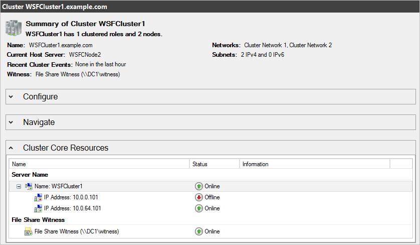 Figure 11: Viewing the Failover Cluster Manager After WSFCNode1 Goes Down 10. Open Microsoft SQL Server Management Studio.