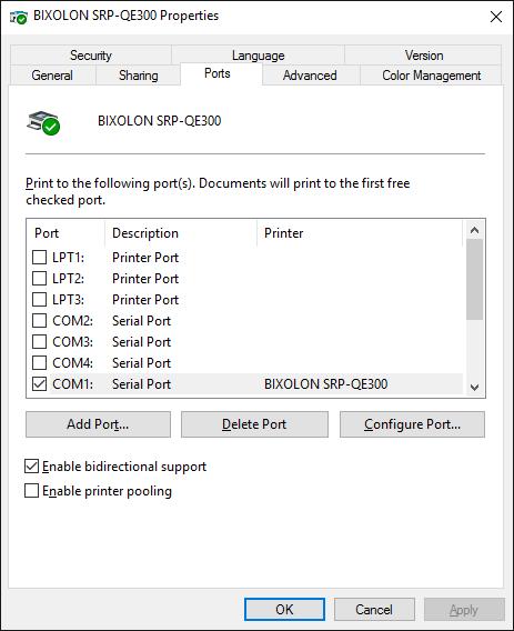 4-7 Bidirectional Communication 1) Open the Printer Properties window for the corresponding OS. 2) Click Ports tab.