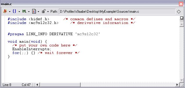 Debugging your Application Figure 13. main.c in Editor Window c. Make changes to the contents of main.c file, if desired d. If you make changes to main.c, from IDE main menu bar, select File> Save 5.
