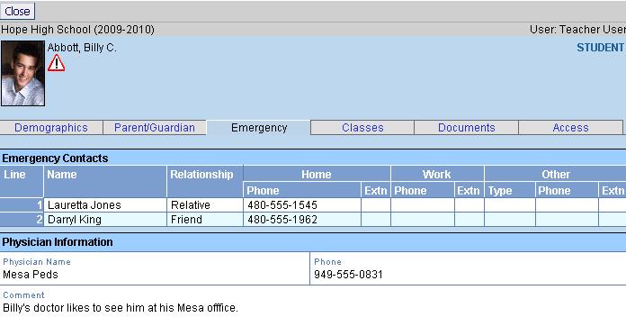 13 Student Profile, Parent/Guardian Tab On the Emergency tab, names and phone numbers for the people to contact in case of an emergency with the student are