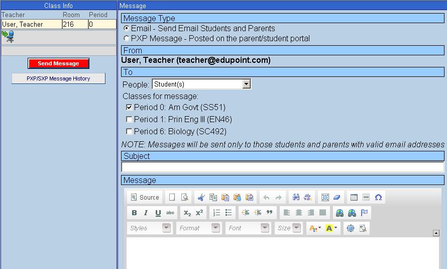 Chapter Two TEACHERVUE User Guide COMMUNICATION TO MULTIPLE STUDENTS The Communication view from the Additional Views menu allows an email to be sent from the teacher to all students in any of the