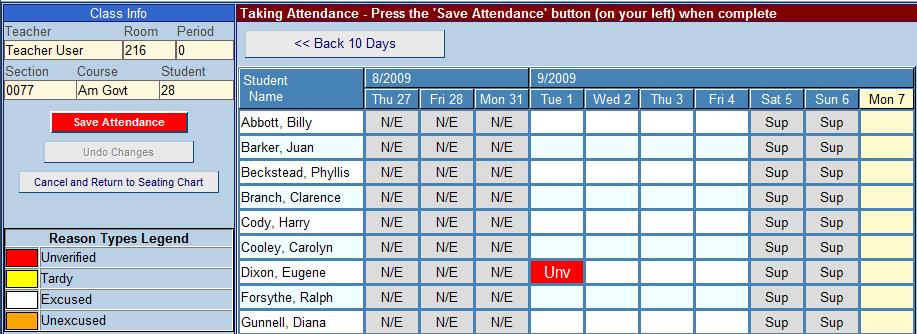 Chapter Five TEACHERVUE User Guide TAKING ATTENDANCE BY LIST Taking attendance by using the student list allows the teacher to take attendance for the current school day or return to previous school