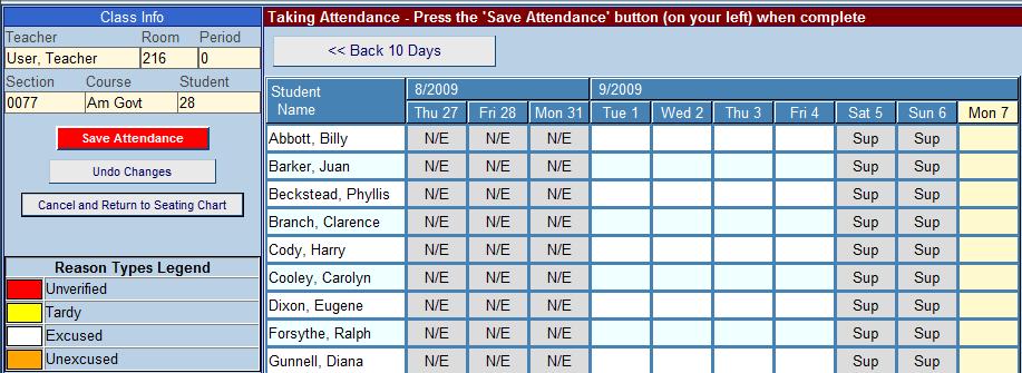 Supplemental attendance days that are not active for this class are noted with SUP. Figure 5.12 Taking Daily Attendance By List 5.