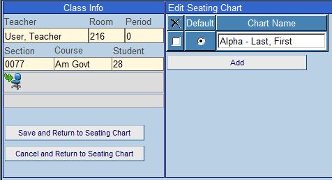 Chapter Two TEACHERVUE User Guide The Seating Charts view can be sorted in a number of ways. The default seating chart is set to sort students in alphabetical order by the student s last name.