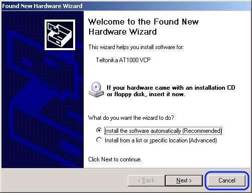 with 'Found New Hardware' window. Click 'Cancel' to stop automatic installation process.