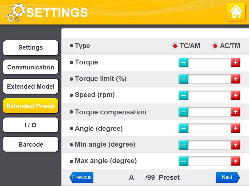 3.2.2 Setting Menu 1) Extended 99 presets There are total 99 presets with 15 standard parameter settings. These presets are saved in ParaMon Touch itself, not in the MDC controller.