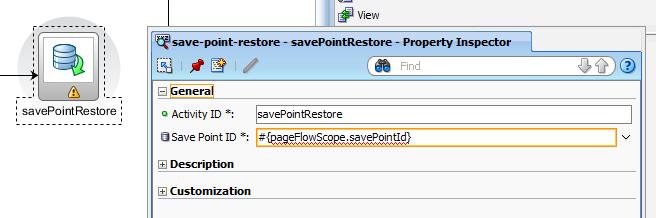 49. Select the "savepointrestore" activity in the task flow diagram and open the Property Inspector.