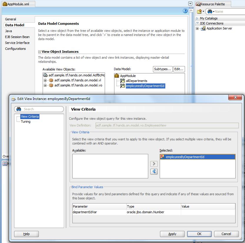 configuration. The ADF Business Component model used in this hands-on exposes two View Object instances, "alldepartments" and "employeesbydepartmentid".