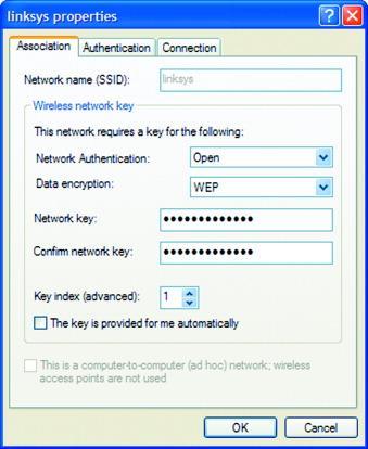 Figure 12-16 Entering a WEP key in the Windows XP wireless