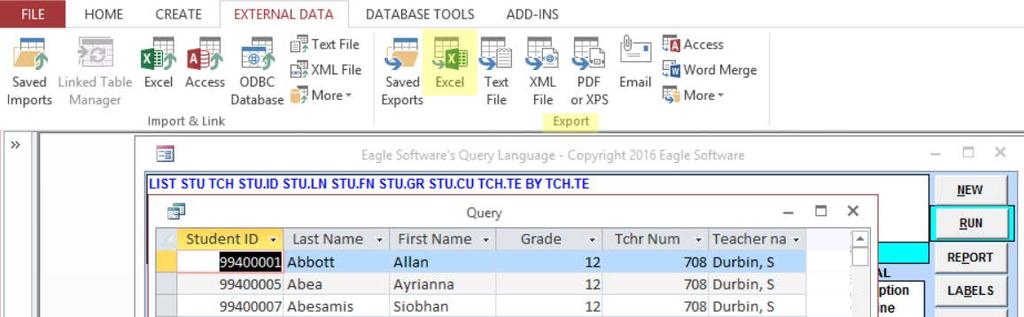 Create an Excel File from the AeriesSIS Client Version This is the basic start to all of the procedures in this document when using the Aeries Client Version Create a Query Statement LIST and select