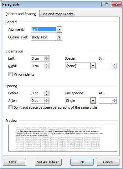 Formatting Text Microsoft Word 2010 Introduction The Paragraph Dialog Box The Paragraph dialog box provides access to an assortment of paragraph formats - but by no means all.