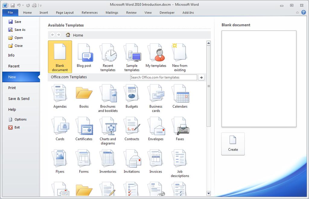 Introduction Microsoft Word 2010 Managing Documents MANAGING DOCUMENTS Each document you work with is displayed and edited in a window. You may open any number of documents - memory permitting.
