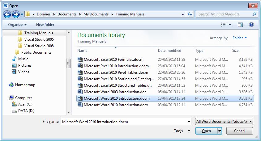 Recent Documents Ribbon: Select: File Recent Displays a list of recently used files to choose from. Also displays a list of recently visited locations in your filing system.