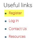 Register link found under the Useful Links section to begin the registration process.