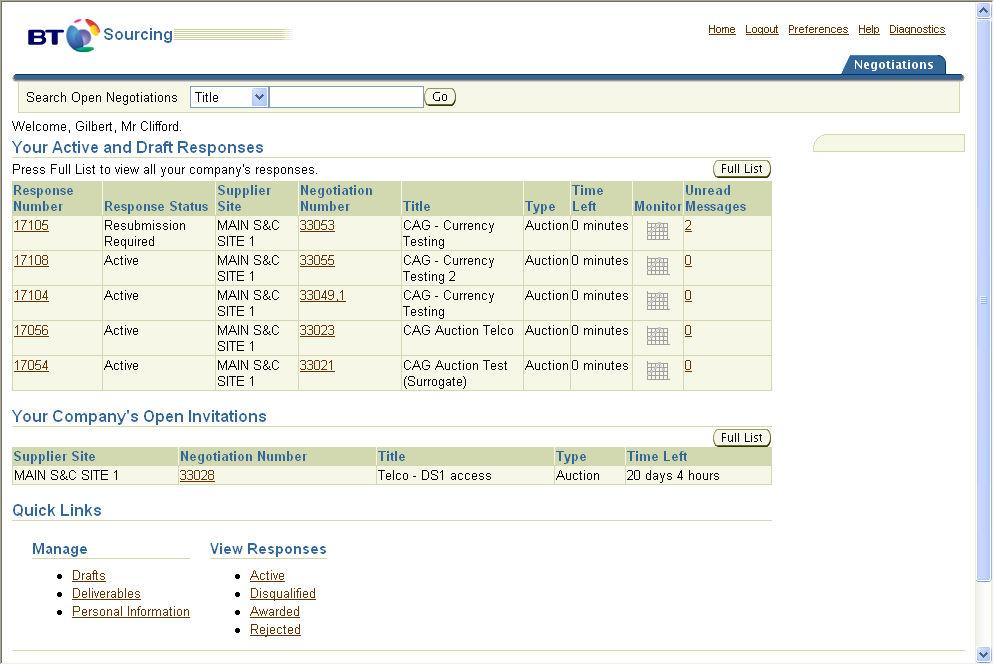 Figure 7 Sourcing Home Page The Sourcing Home page allows you to view not only the activities but also to access your previous submissions (using the links under the Response Number column) and to