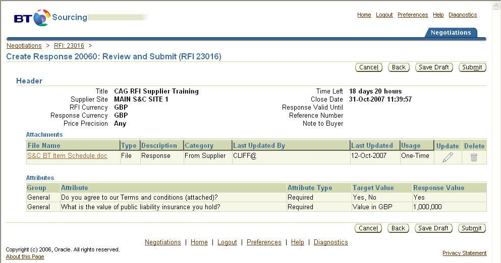 Figure 19 Review RFI response We can now review the response [Figure 19] and we can either click the Save Draft button to save it for