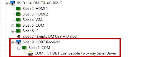 SIMPL Windows allows an HDBaseT receiver device to be added to the DM-TX-4K-202-C or DM-TX-4K-302-C.