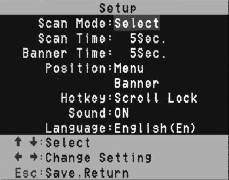 7.4 F1: Setup Mode Figure 7-3 OSD Setup Configuration Options Description Scan Mode Selected Scan selected channels with STA status s PC ON Scan all powered-on PC channels only Scan Time 5 ~ 90 sec.