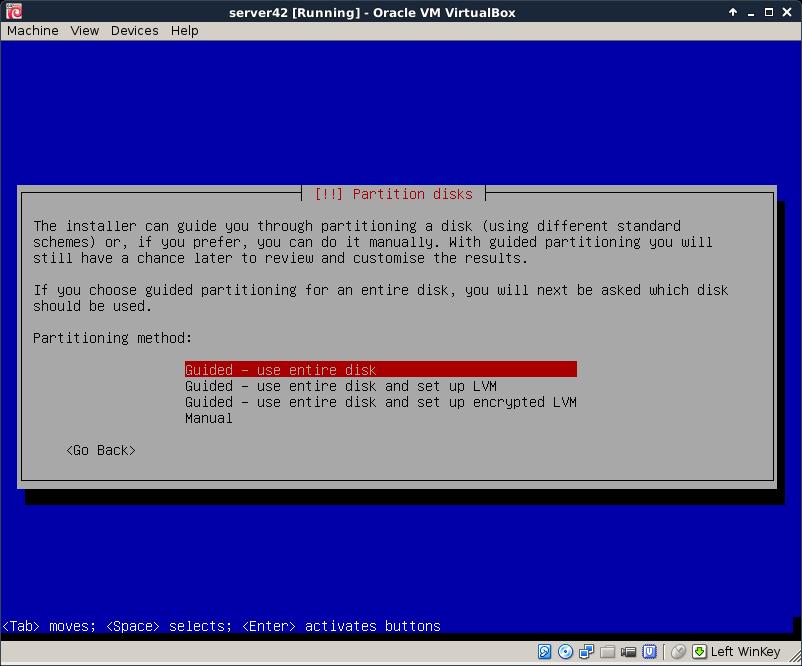 installing Debian 8 The use entire disk refers to the virtual disk that you created before in Virtualbox.
