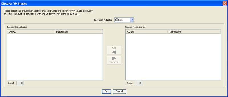 1.3 Discovering VM Images To discover the VM images on a specific repository: 1 In the Development Client, click Provision > Discover VM Images. The Discover VM Images dialog box is displayed.